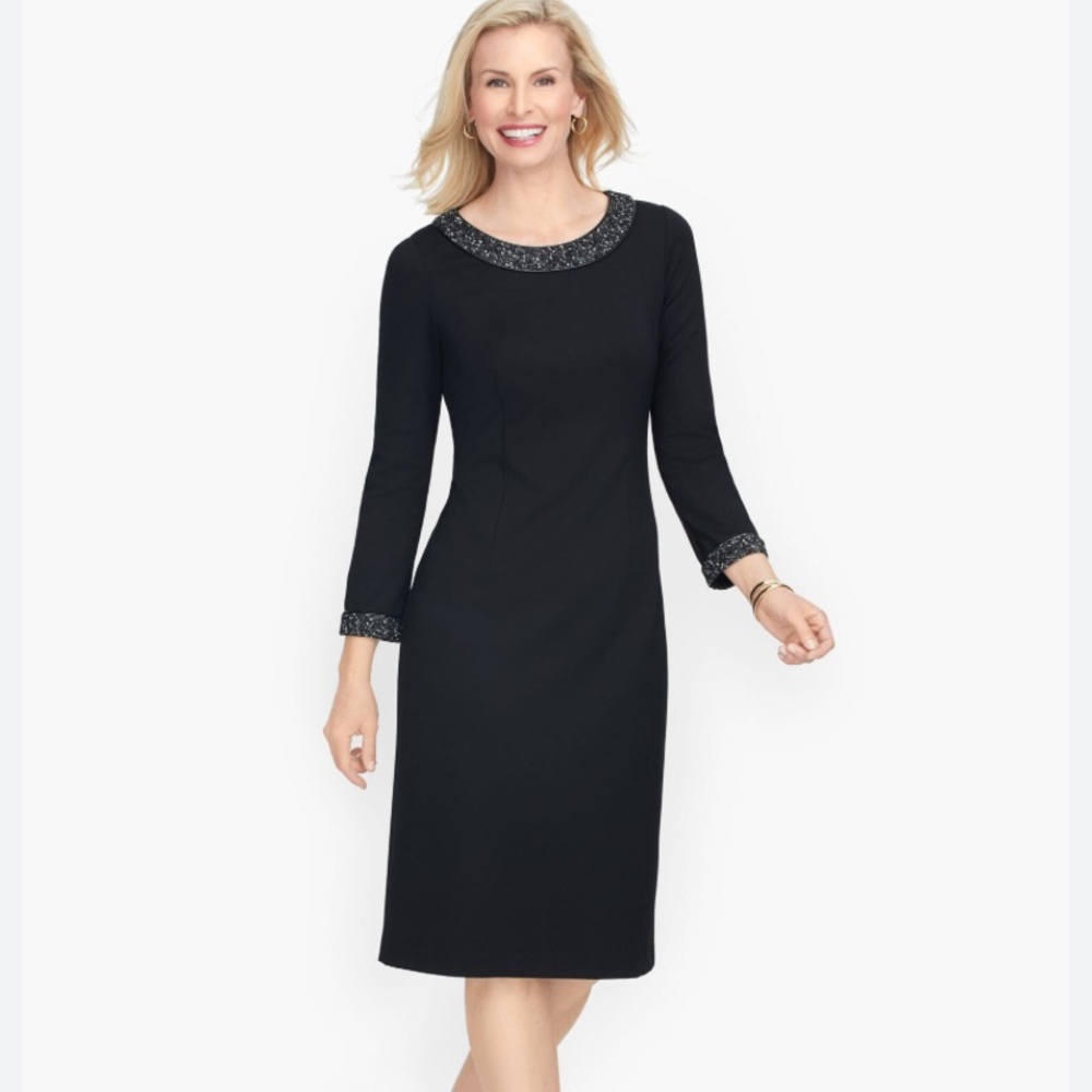 Talbots Refined Ponte Tipped Tweed Sheath Black Dress Size 2P NWT